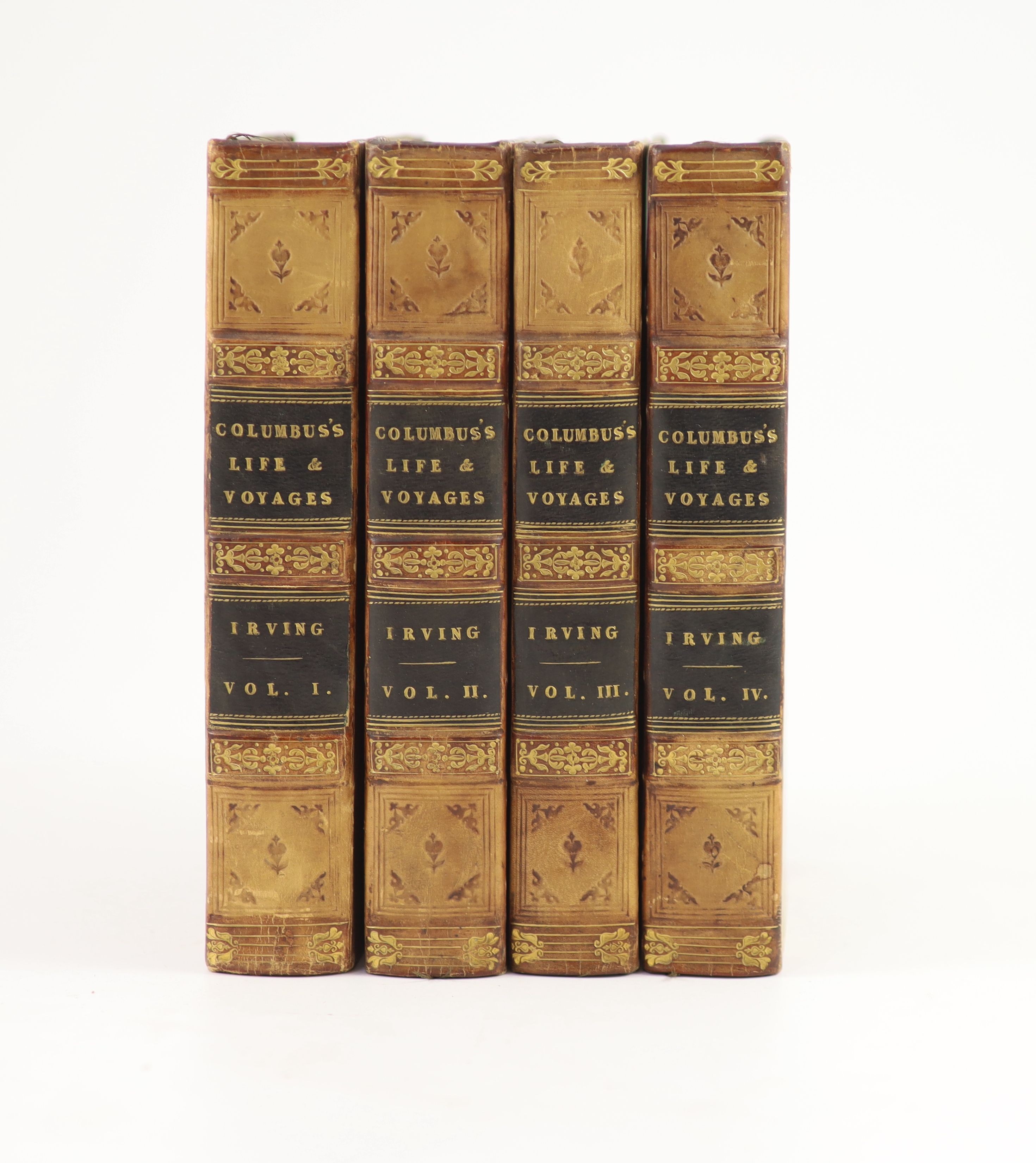 Irving, Washington - A History of the Life and Voyages of Christopher Columbus, 4 vols, 16mo, calf, with 2 folding maps, Baudry, Paris, 1828